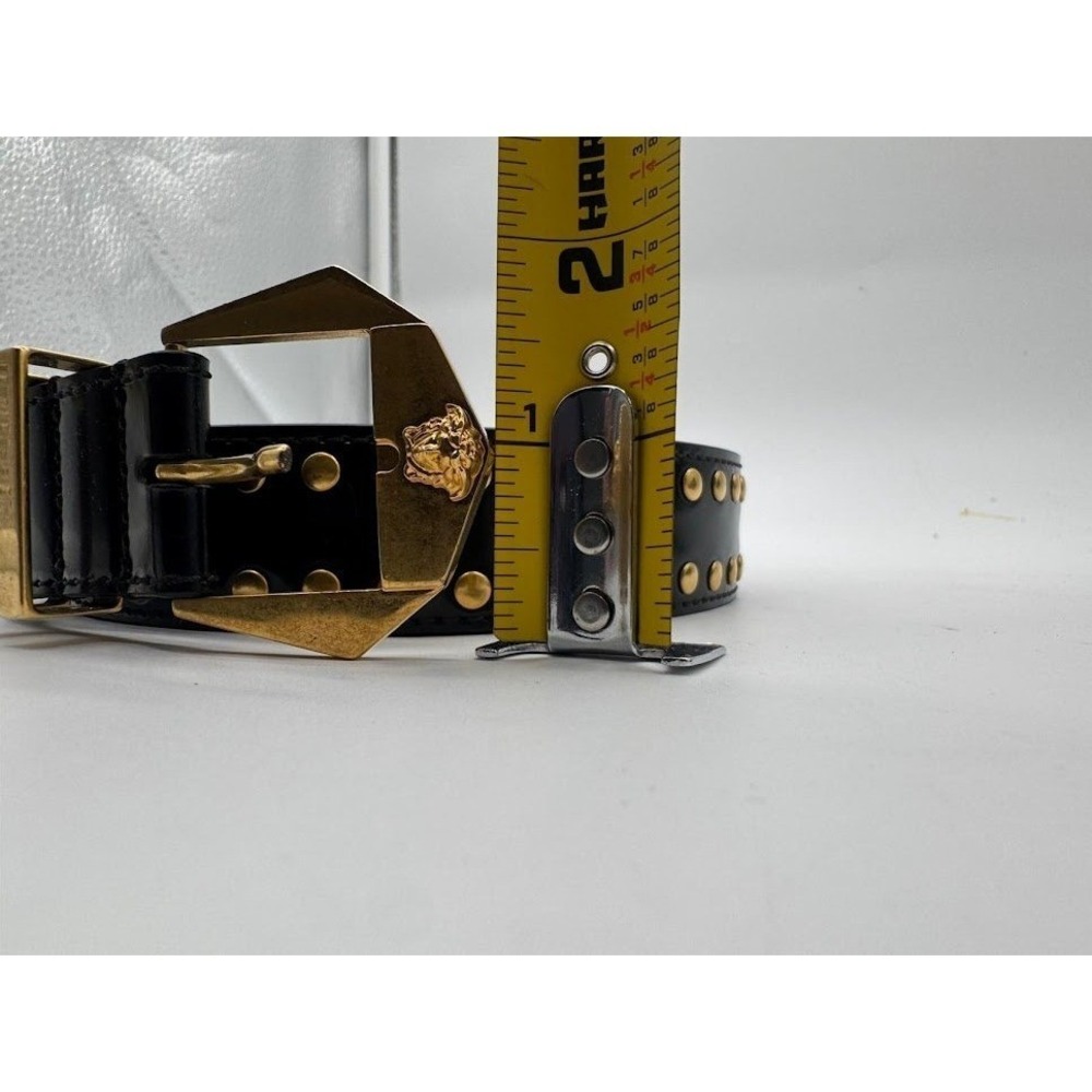 Versace Black Leather Studded Belt Gold Medusa Head Geometric Buckle Waist Belt - Picture 12 of 12